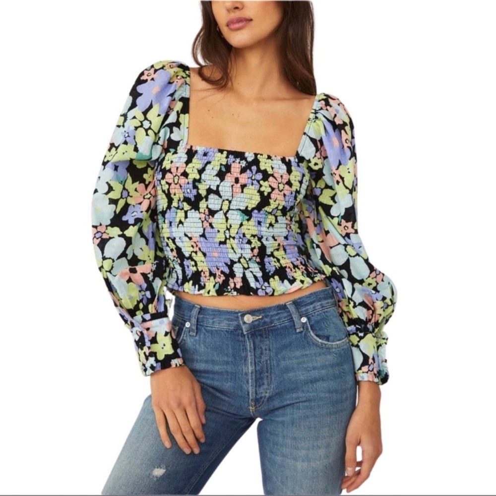 Free People Ariana Floral Puff Sleeve Crop Top Blouse Large Retro Floral Combo